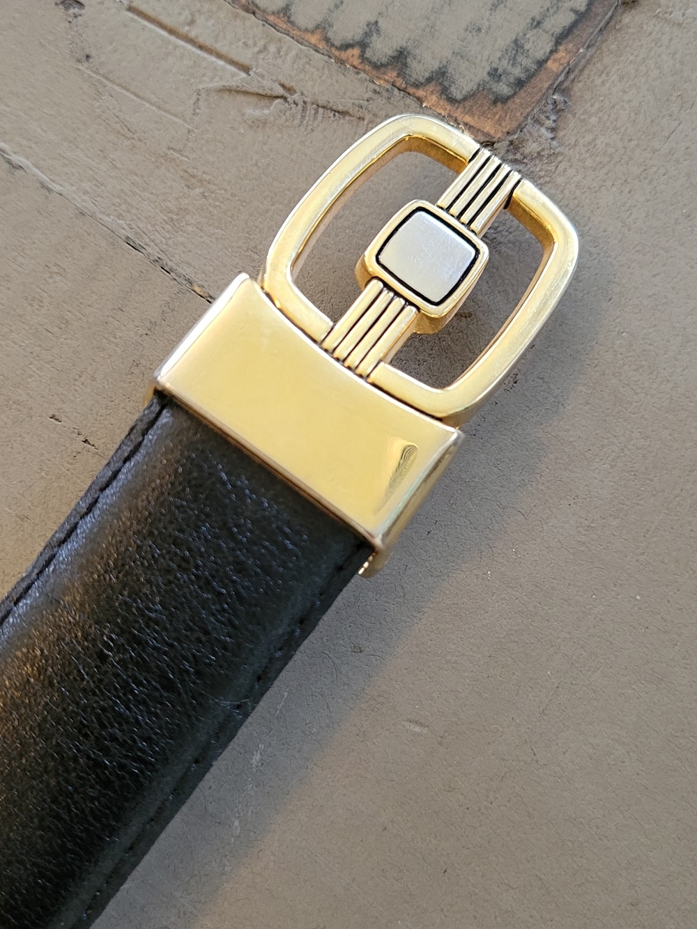Mens Black Leather Belt with Gold-Tone Decorative Buckle